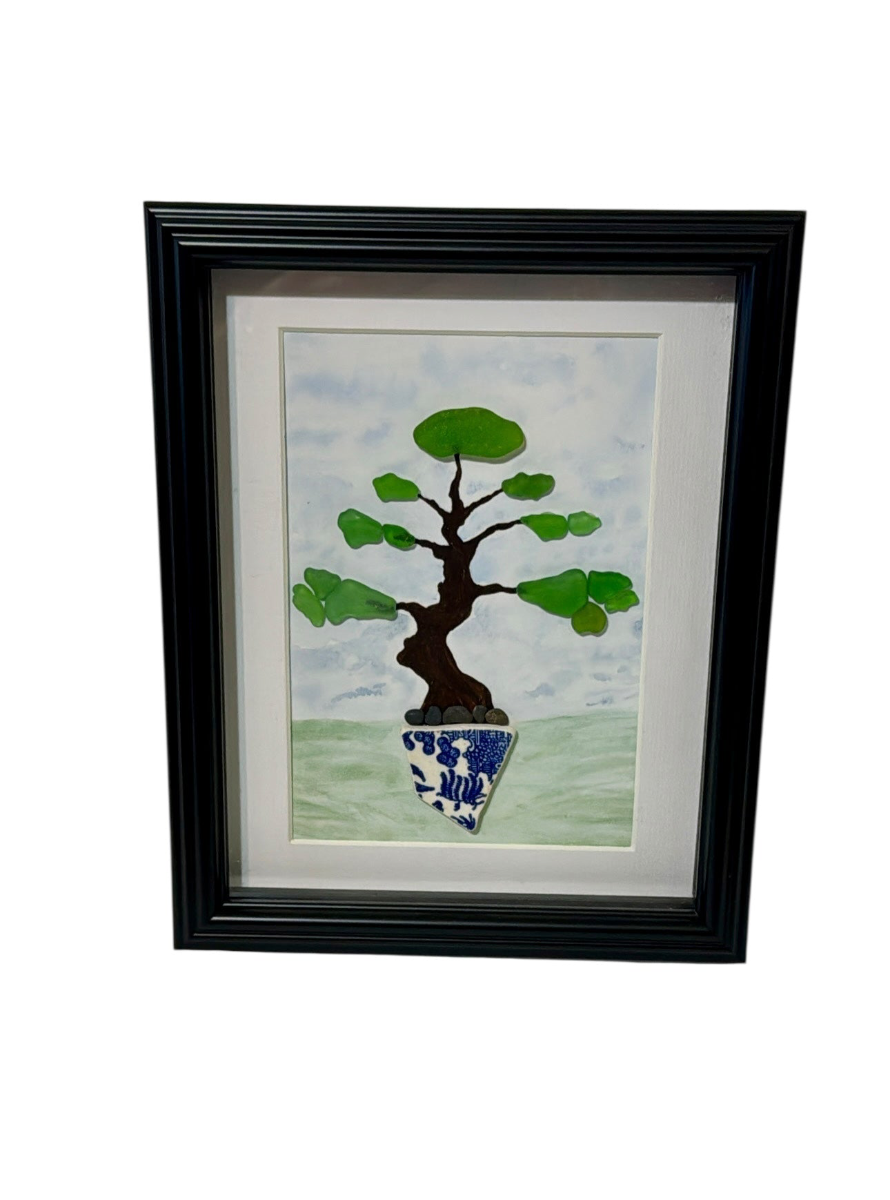 Framed Bonsai Tree Art – Handmade with Sea Glass & Pottery Shard
