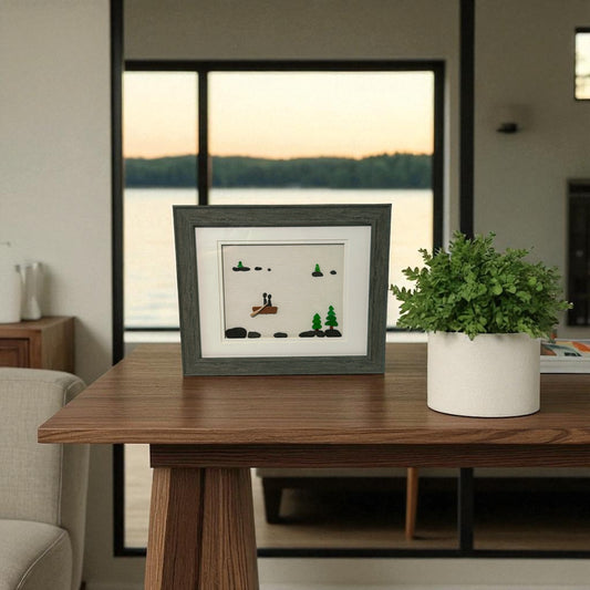 Handmade Driftwood & Beach Glass Canoe Scene – Framed Coastal Wall Art from Lake Michigan