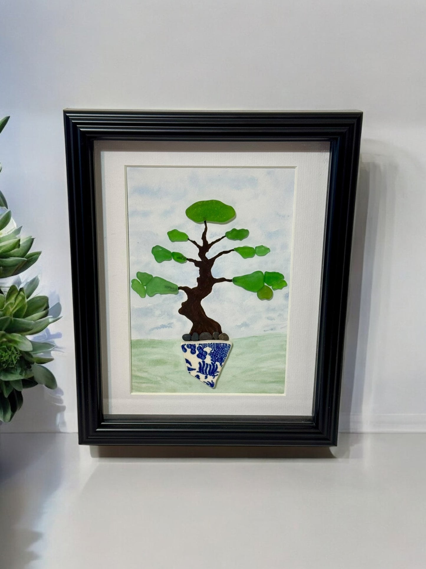 Framed Bonsai Tree Art – Handmade with Sea Glass & Pottery Shard