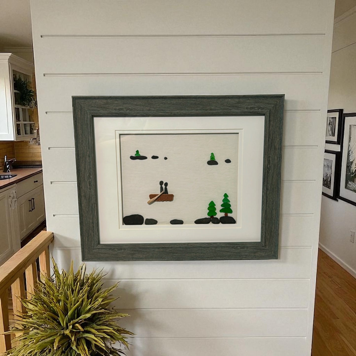 Handmade Driftwood & Beach Glass Canoe Scene – Framed Coastal Wall Art from Lake Michigan