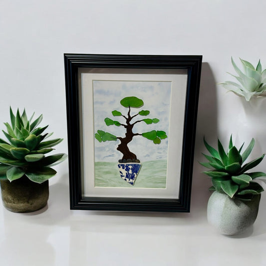 Framed Bonsai Tree Art – Handmade with Sea Glass & Pottery Shard