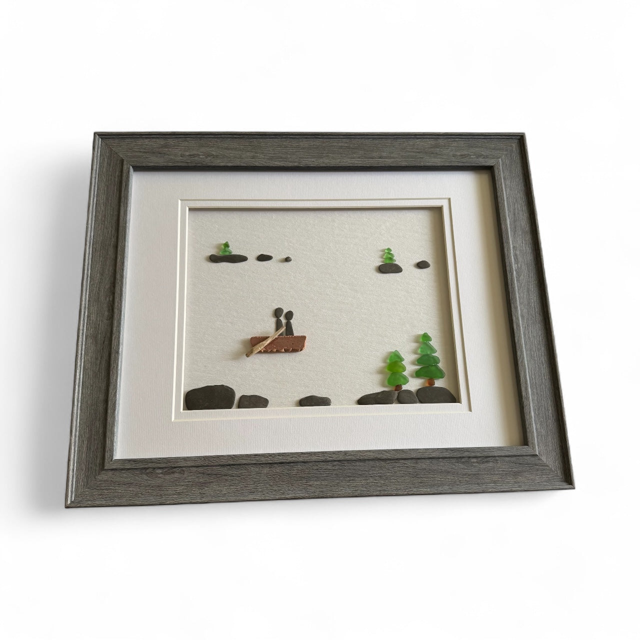 Handmade Driftwood & Beach Glass Canoe Scene – Framed Coastal Wall Art from Lake Michigan