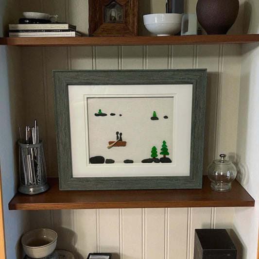 Handmade Driftwood & Beach Glass Canoe Scene – Framed Coastal Wall Art from Lake Michigan