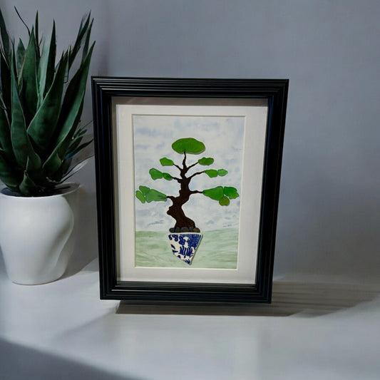Framed Bonsai Tree Art – Handmade with Sea Glass & Pottery Shard