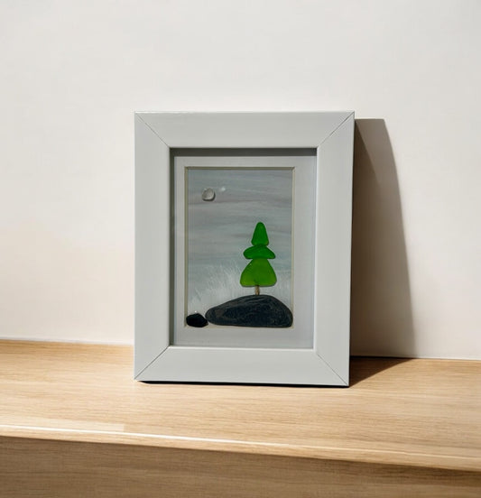 Framed Sea Glass Pine Tree Art – Handcrafted Driftwood & Glass Design